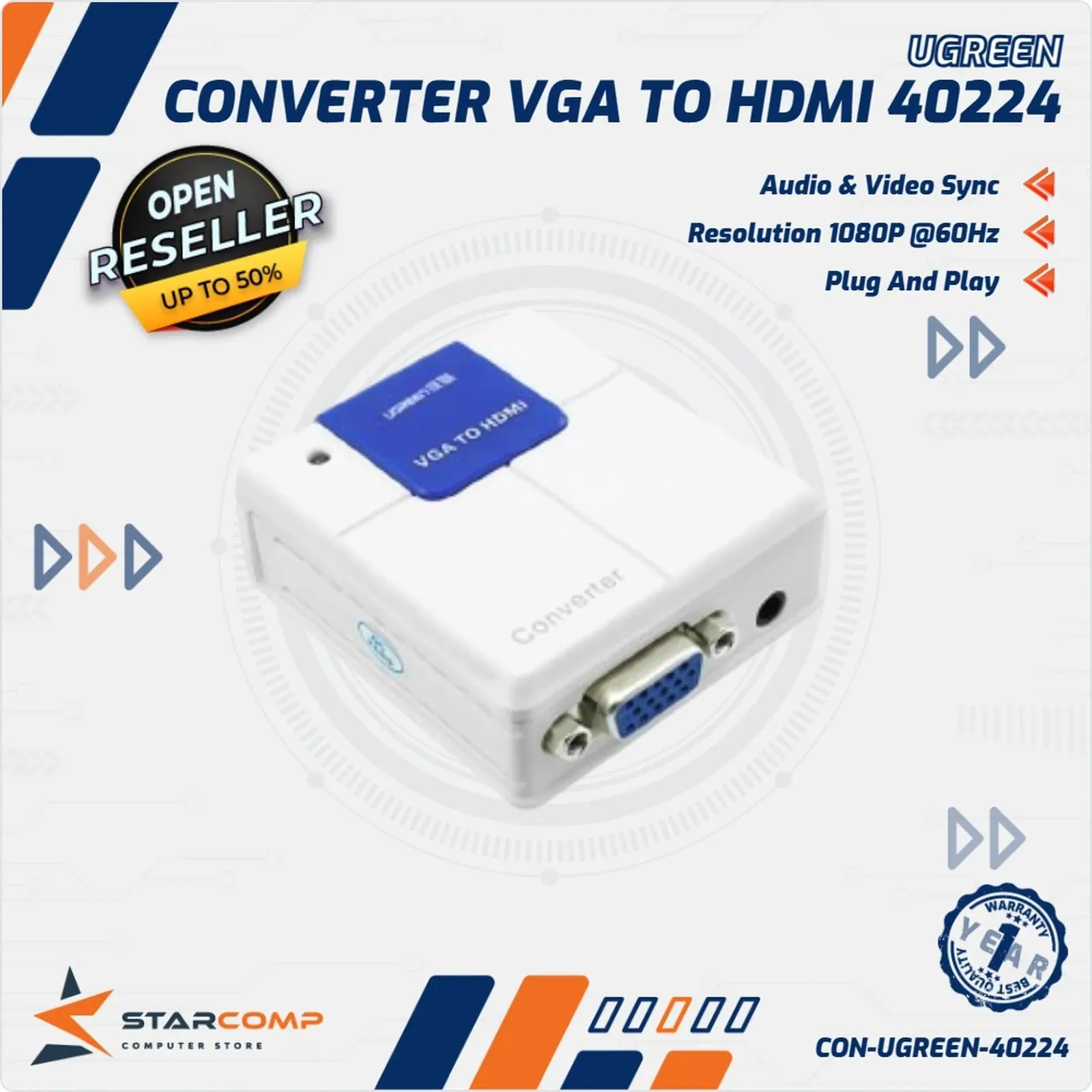 CONVERTER UGREEN AUDIO VGA TO HDMI 25CM (40224)