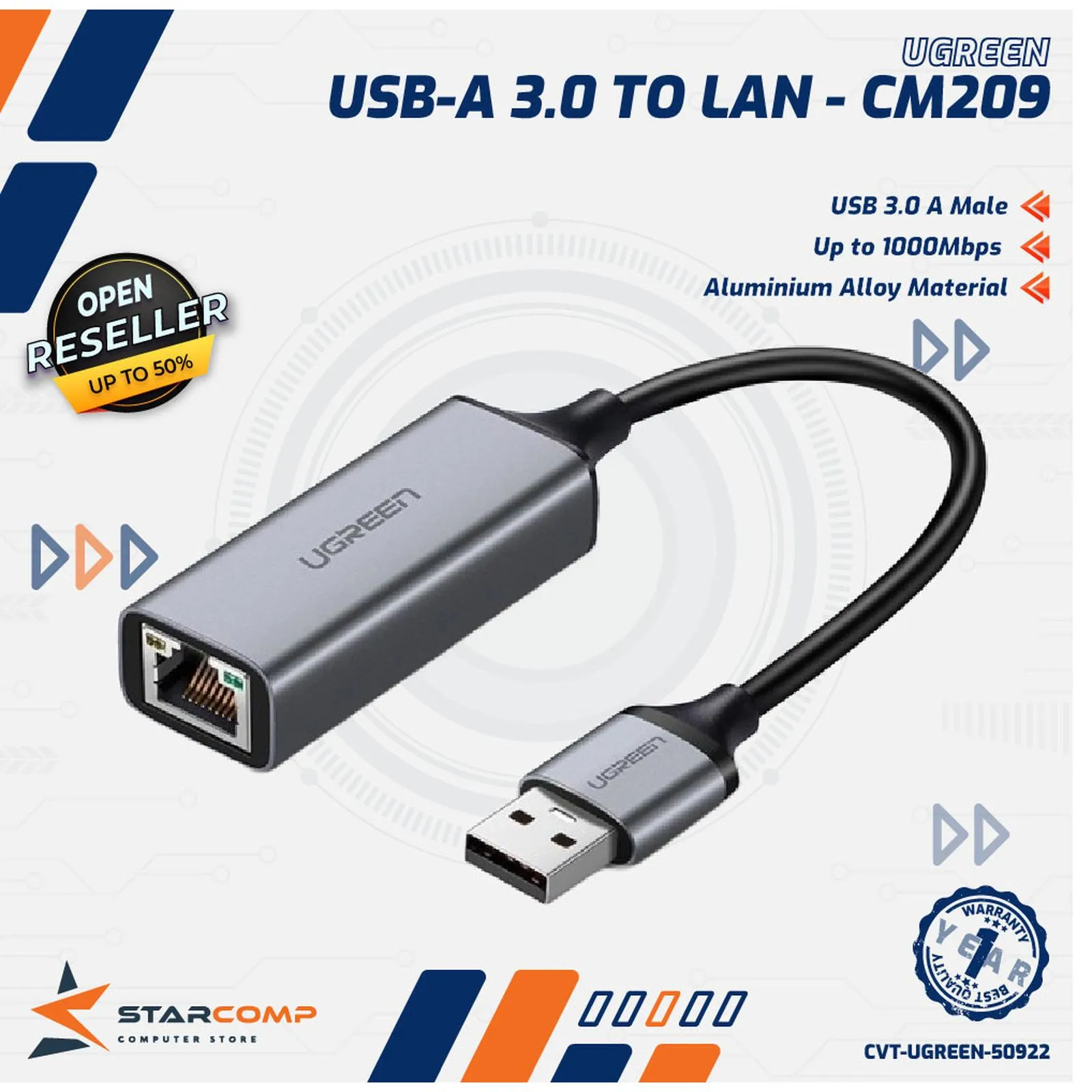 CONVERTER UGREEN USB 3.0 GIGABIT ETHERNET ADAPTER (50922)