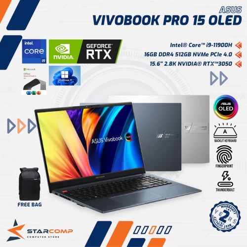 ASUS VIVOBOOK PRO 15 OLED K6502HC CORE I9 11900H  16GB 512GB RTX3050 W11 OHS