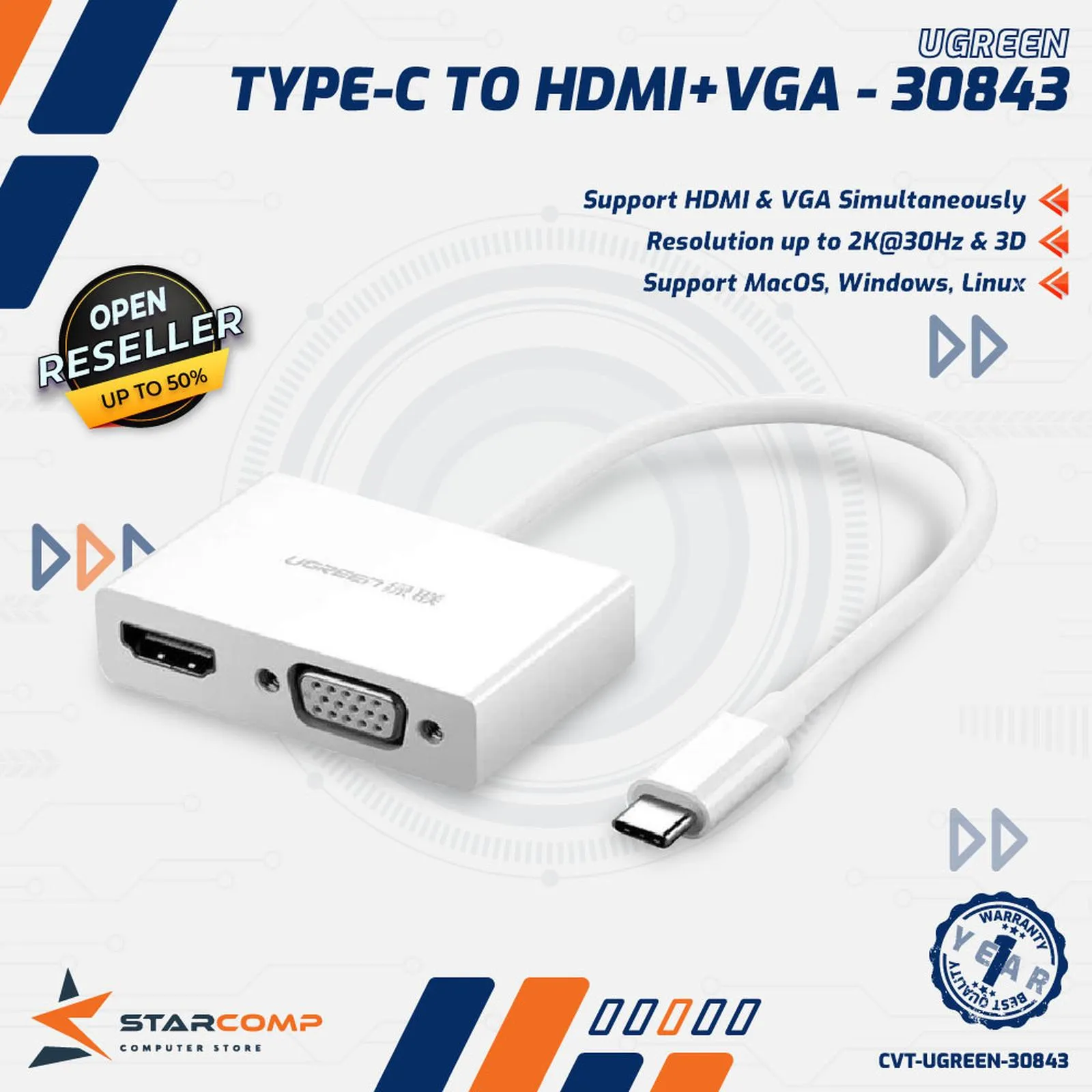 CONVERTER UGREEN TYPE C TO HDMI+VGA (30843)