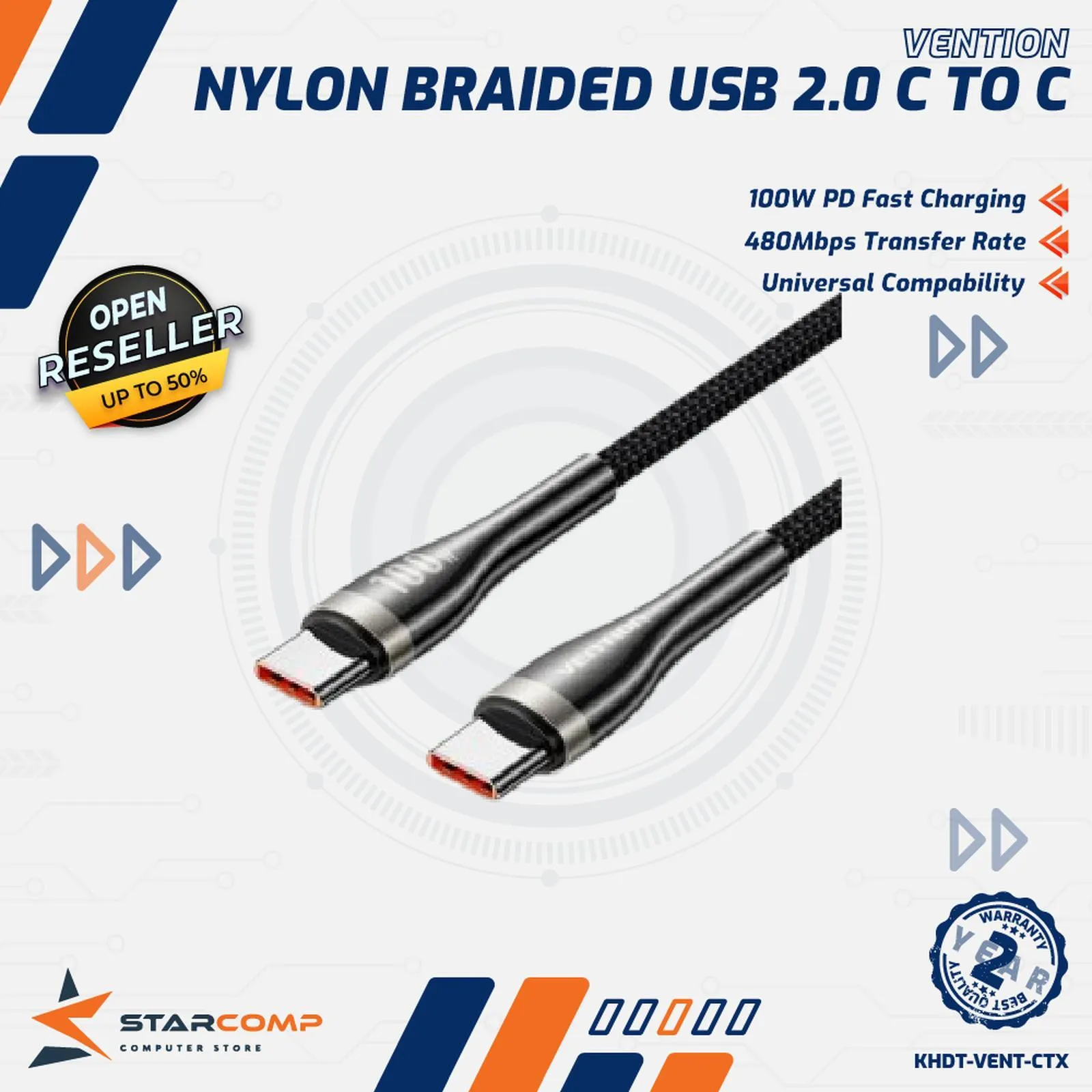KABEL DATA VENTION TYPE C TO C NYLON 2M 100W (CTXBH)