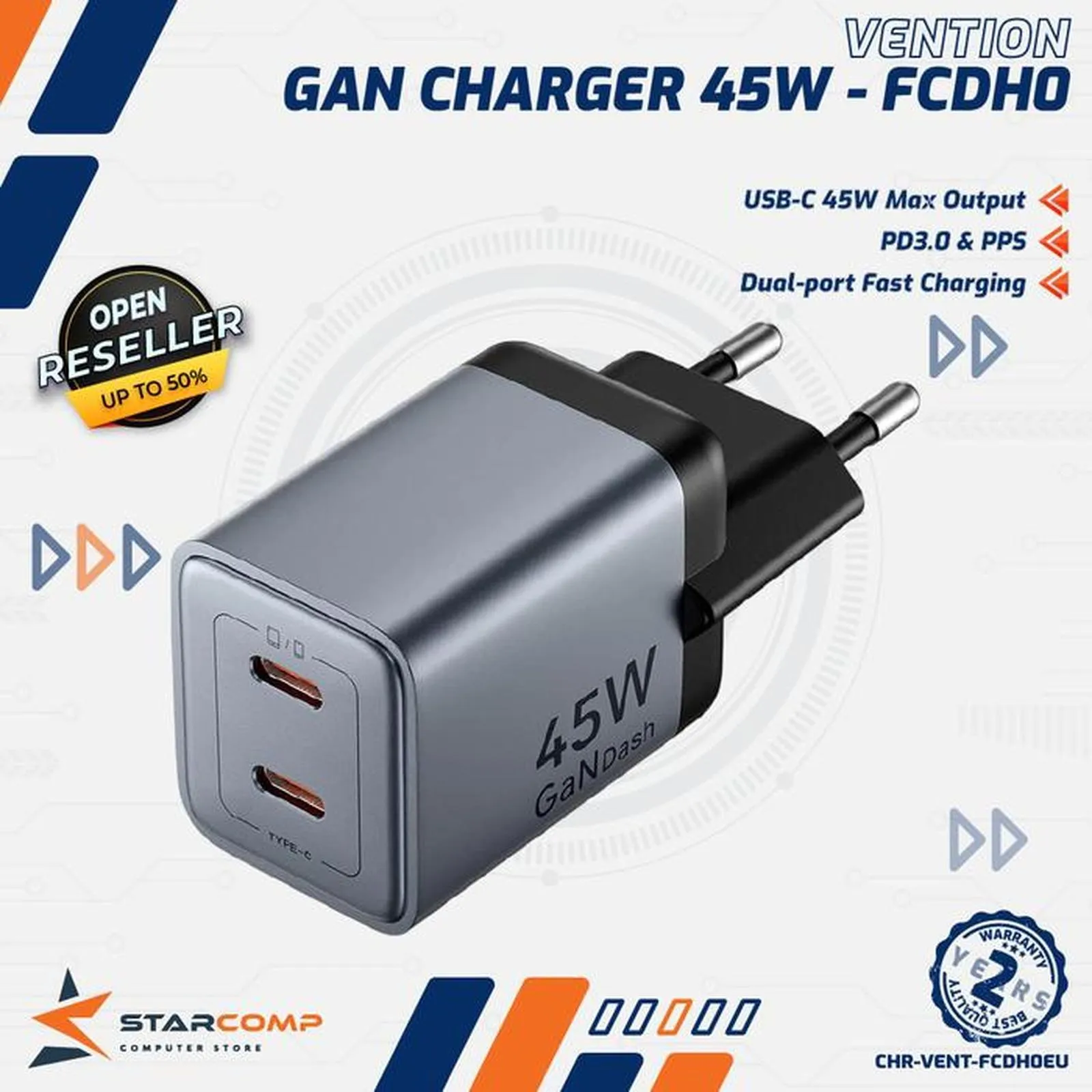 CHARGER VENTION USB C+C GANDASH 45W GAN (FCDH0-EU)
