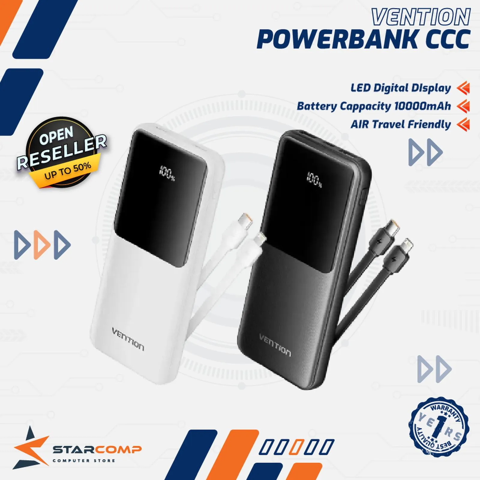 PB VENTION 10000MAH 22.5W BUILT IN TYPE C + KABEL LIGHTNING (FHOB0-TY)