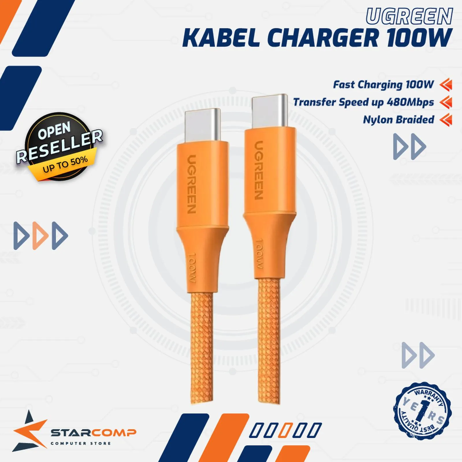 KABEL UGREEN TYPE C TO TYPE C 100W ABS NYLON 1M (95493)