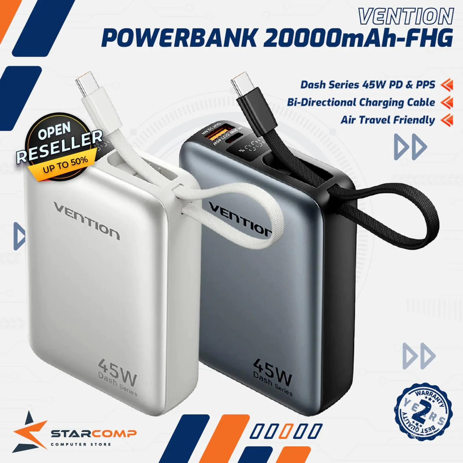 PB VENTION MINI 20000MAH 45W BUILT IN TYPE C CCC CERTIFIED (FHGH0-TY)