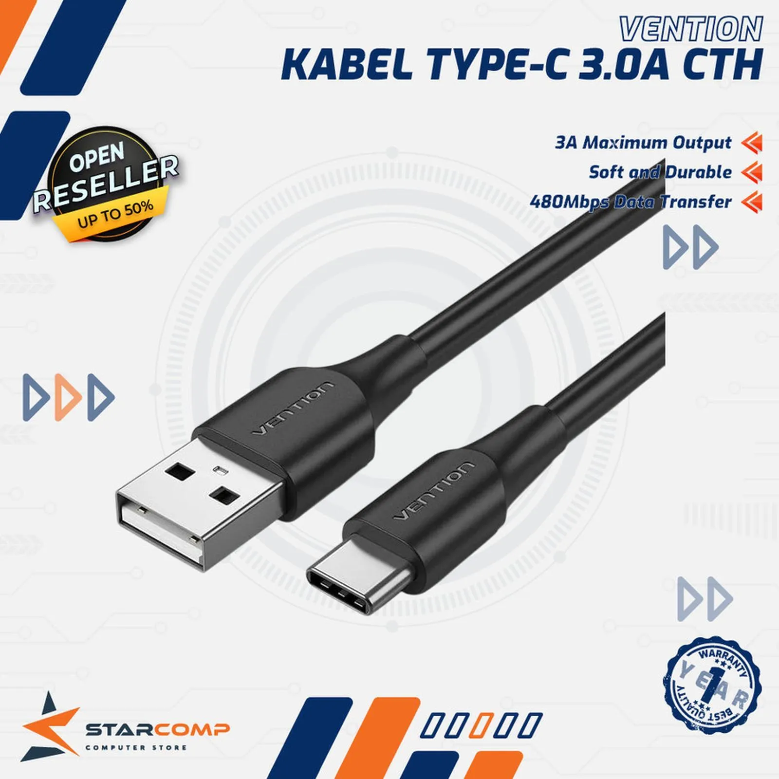 KABEL VENTION USB 2.0 TO TYPEC 3A 1M (CTHBF / CTHWF)