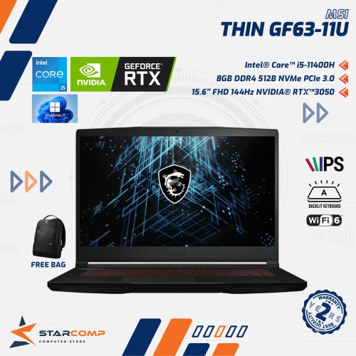 MSI THIN GF63 11UC CORE I5 11400H 8GB 512GB RTX3050 15.6" FHD IPS 144HZ W11