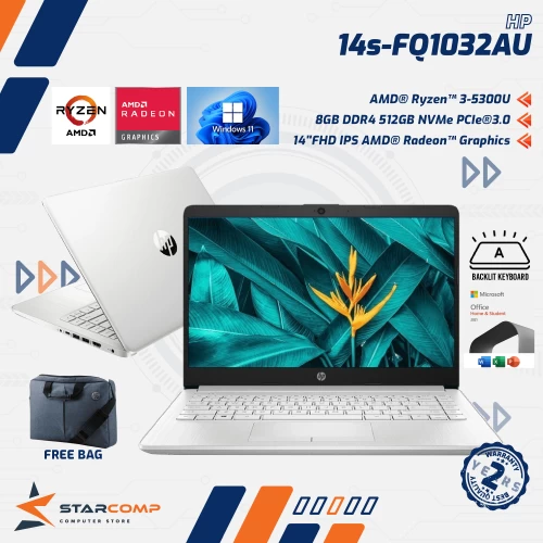HP 14S-FQ1032AU RYZEN 3 5300U 8GB 512GB 14" FHD IPS BACKLIT W11 OHS