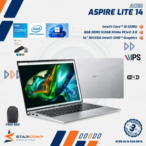ACER ASPIRE LITE 14 AL14-51M I5-1235U 8GB 512GB 14" WUXGA IPS W11 OHS