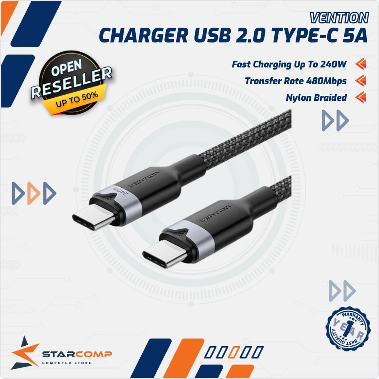 KABEL VENTION USB 2.0 TYPE-C MALE TO TYPE-C MALE 5A CABLE 2M (TRIWH)