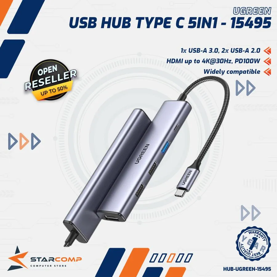 USB HUB UGREEN TYPE C TO 5IN1 USB3.0 HDMI USB2.0*2 TYPEC (15495)