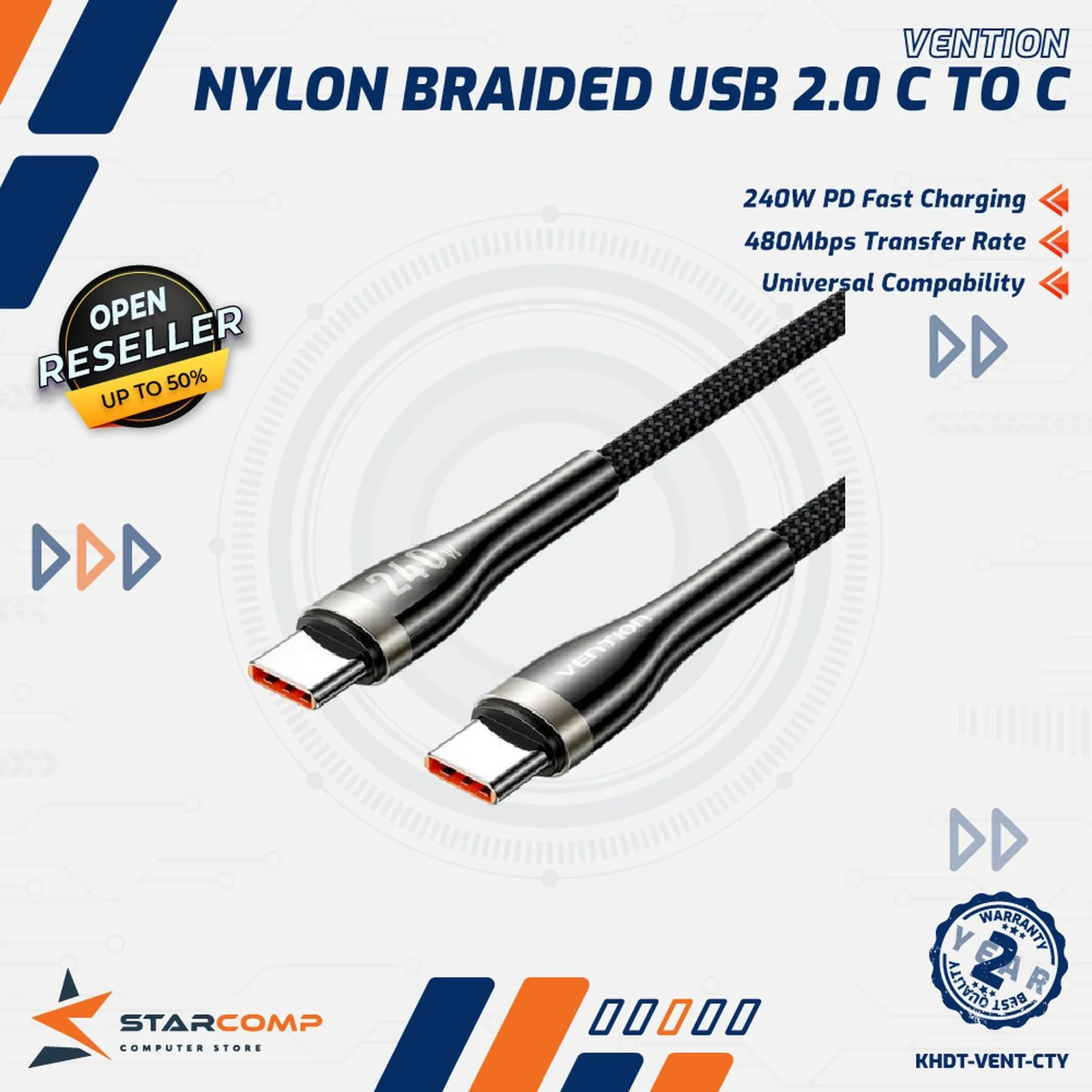 KABEL DATA VENTION TYPE C TO C NYLON 1.2M 240W (CTYBAV)