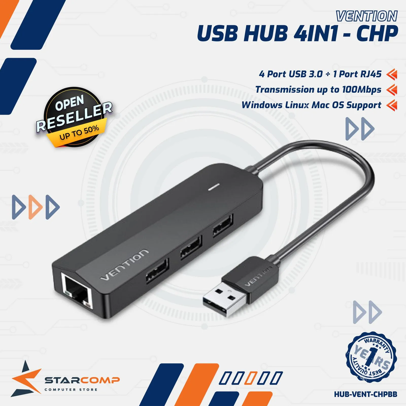 USB HUB VENTION 3PORT USB RJ45 FAST ETHERNET (CHPBB)